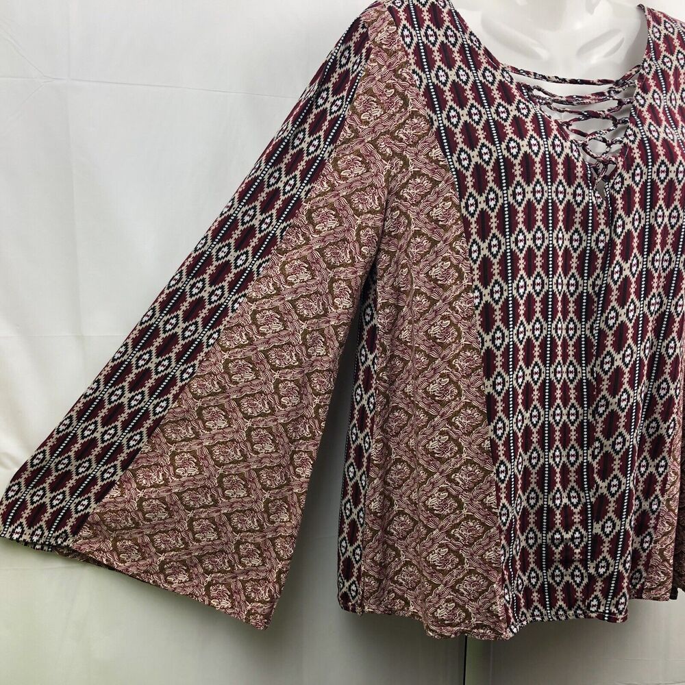 Entro Tunic Top Women M Maroon Flare Sleeves V Neck Cross Strap Bohemian Peasant